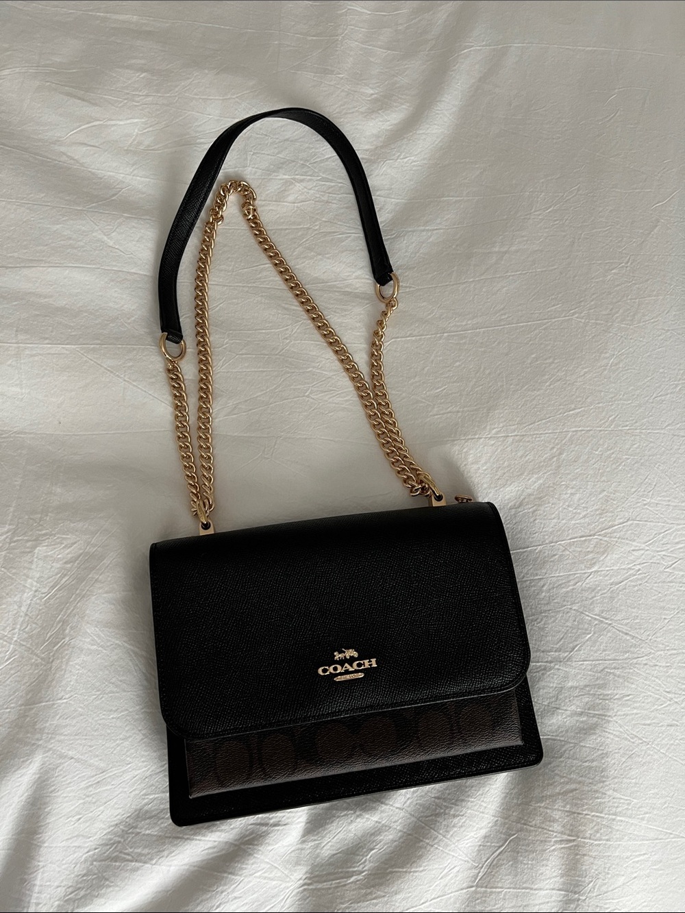 Coach Black Leather Crossbody with Gold Chain Strap